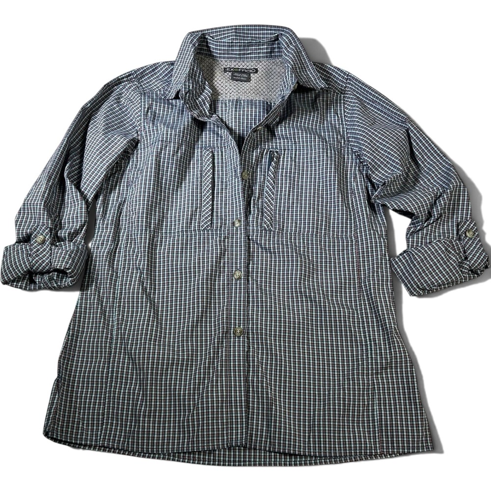 ExOfficio Women Utility Shirt M Plaid Button Up Roll Tab Vented Hiking ESCC-60